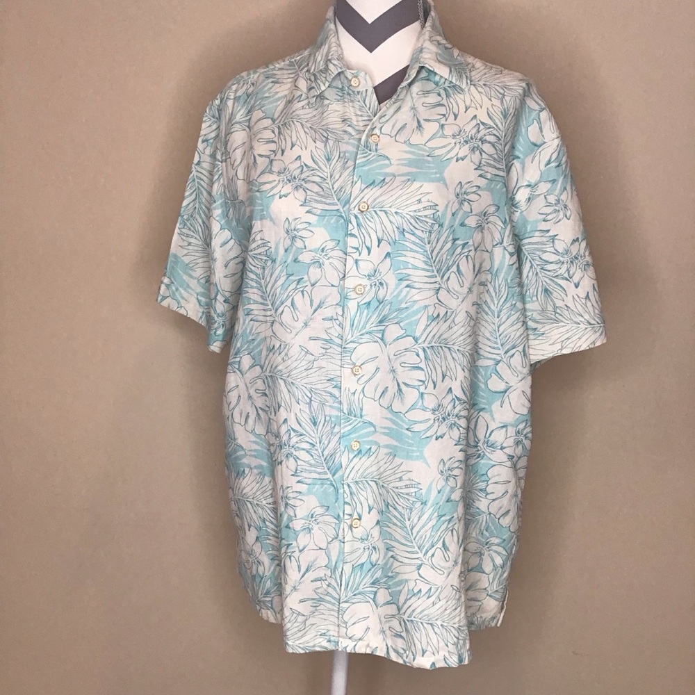 Tasso Elba Men's Leaf Print Shirt - Aqua and White